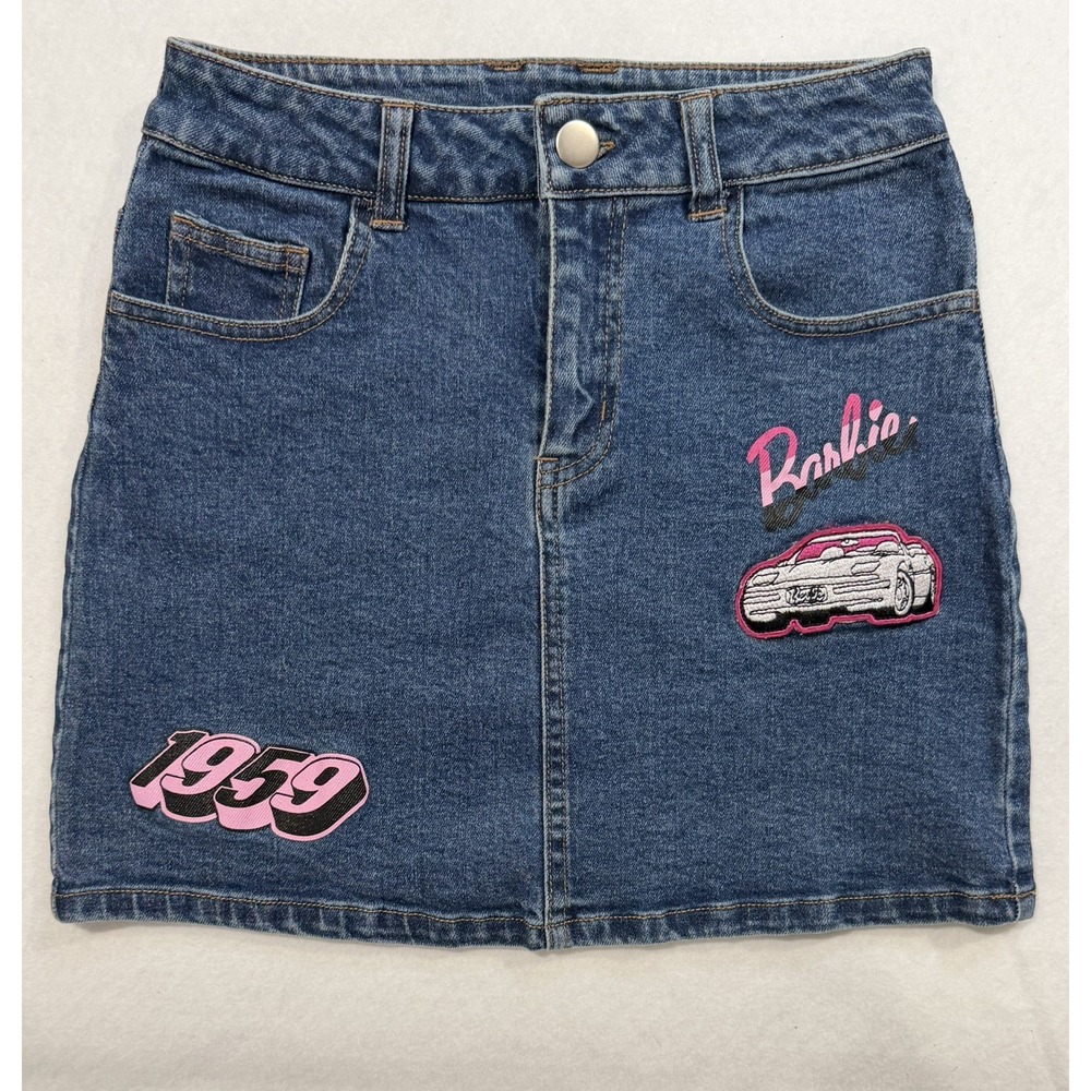 Barbie Mattel Girls Denim Mini Skirt Pink Convertible 1959 Patches Size 8
